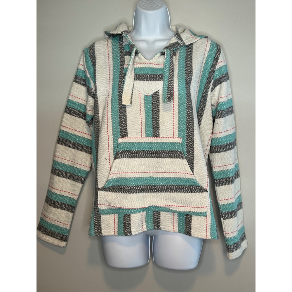Senor Lopez Original‎ Baja Hoodie Teal Grey Striped Woven Poncho Womens Medium